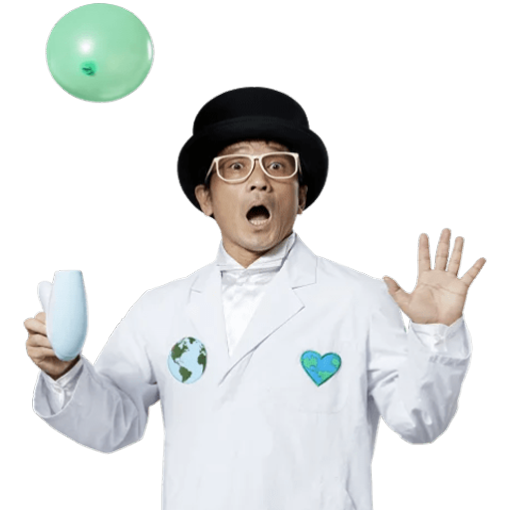 右手に実験器具を持ち驚いた表情の白衣のキビート